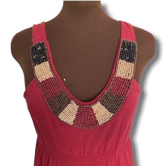Red Maxi Dress with Beaded Neckline sz Med - Picture 3 of 5